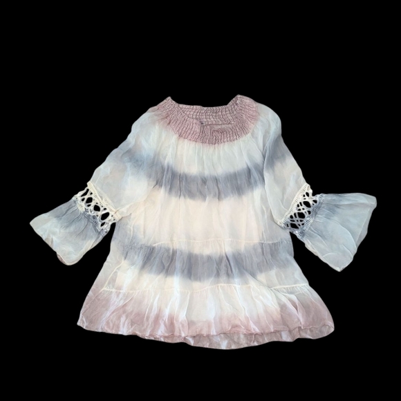 Tempo Paris Boho Tie-Dye Blouse Crochet Inlay Bell Sleeves NWT Sz XL - Picture 1 of 9